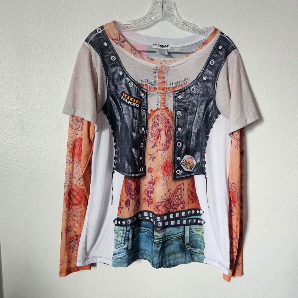 Faux Real Biker Tattoo Photorealistic Long Sleeve Top Vest Graphic Print 2XL